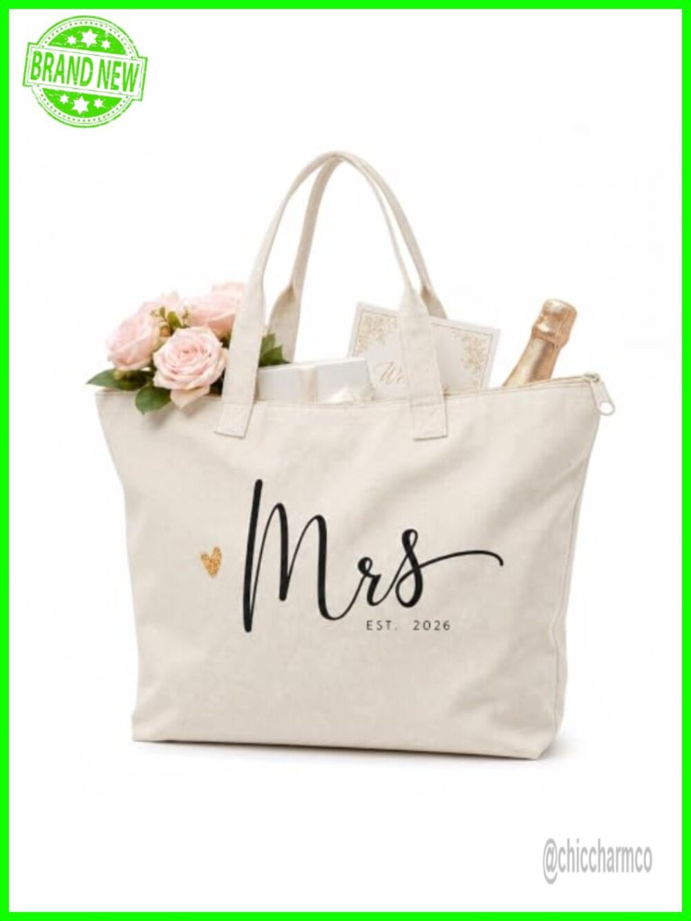 Bridal Shower Gift Mrs EST 2026 Cotton Canvas Tote Bag with Zipper